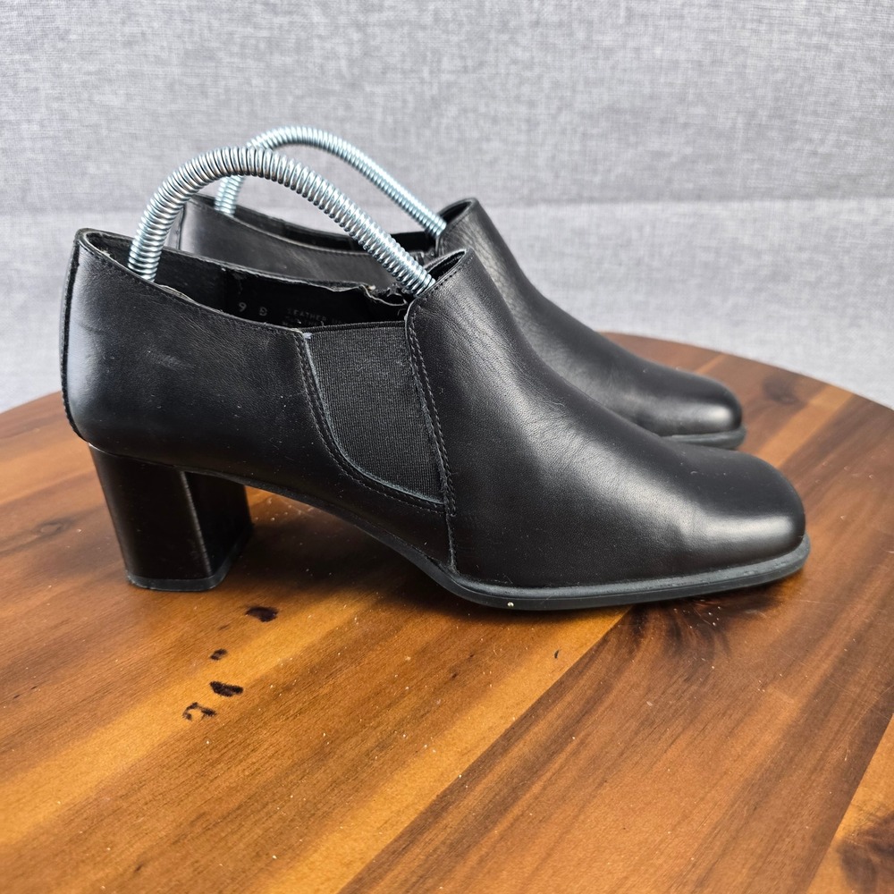 Chicos Black Leather Block Heel Ankle Booties Square Toe Comfort Shoes Size 9 B